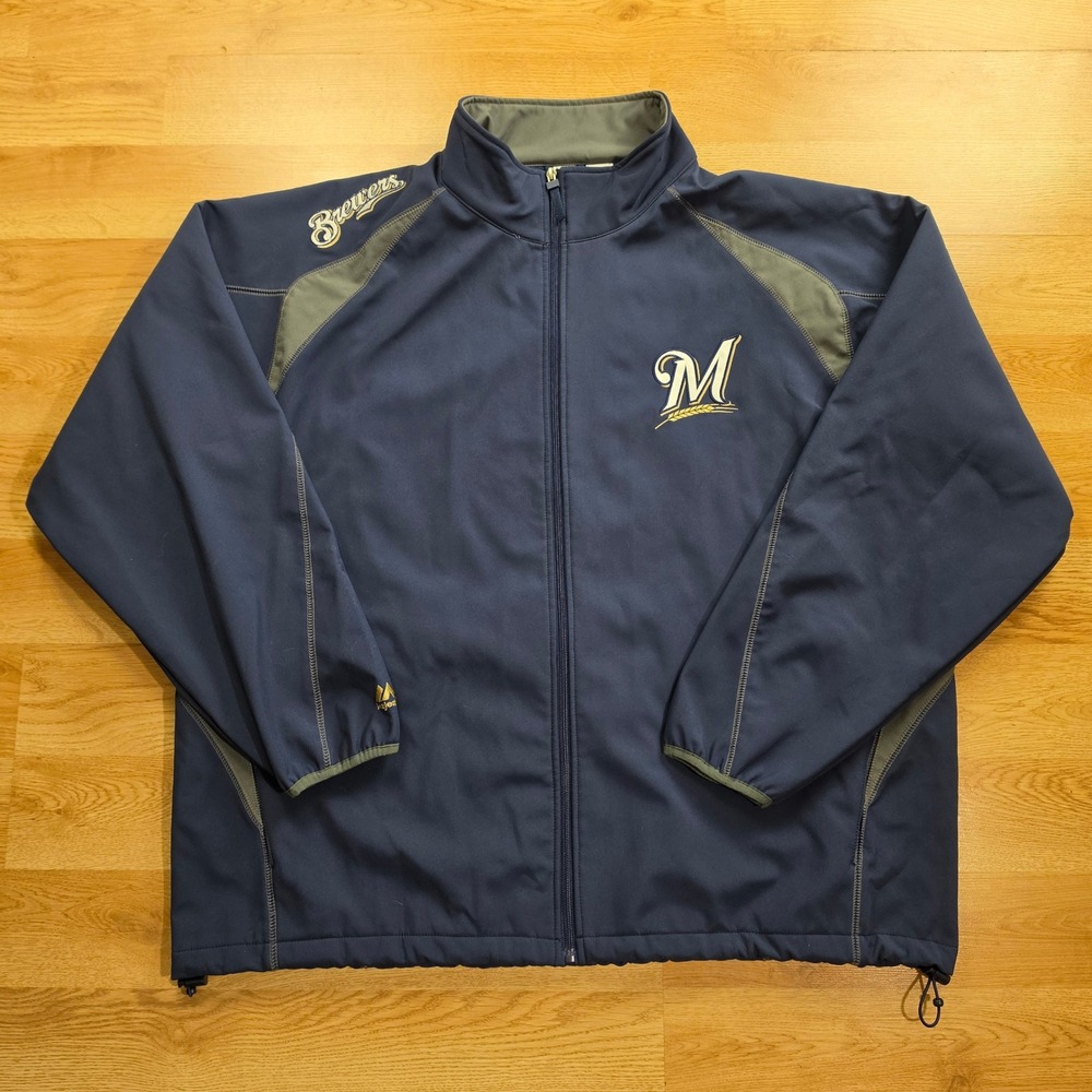 Majestic Milwaukee Brewers Jacket Men 3X Navy Blue MLB Full Zip Softshell Fleece